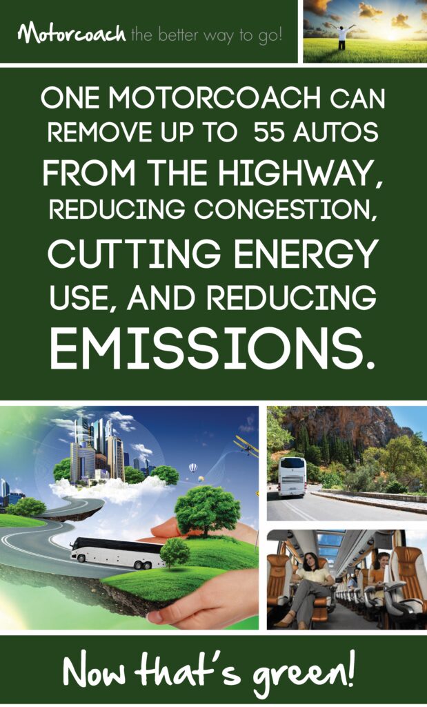 Infographic detailing how motorcoaches reduce traffic, energy and emissions on roadways